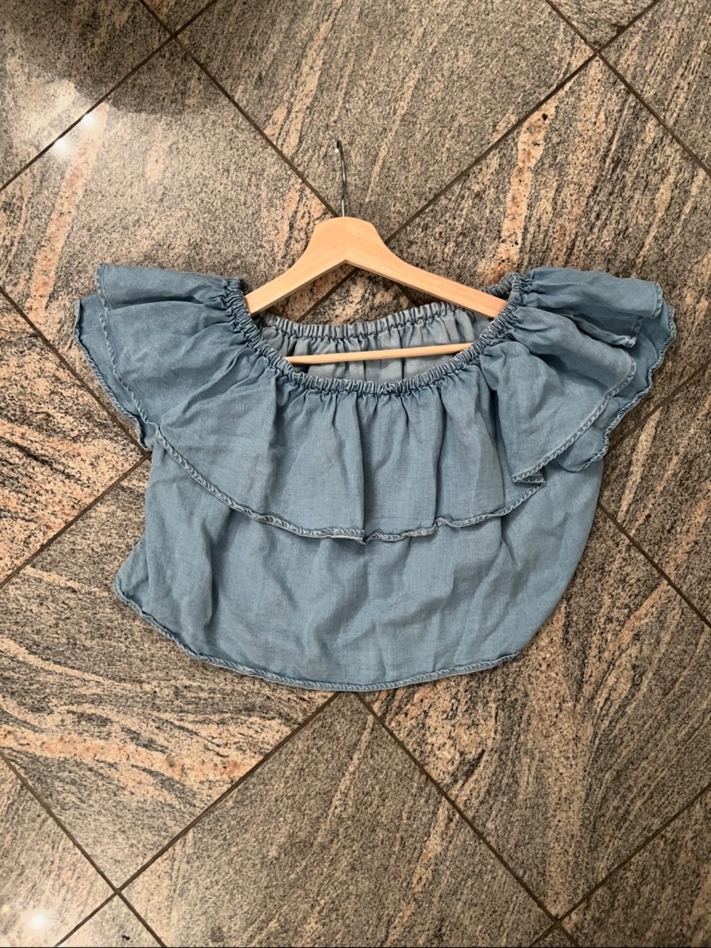 Zara Boho dainty fairy whimsical denim Blue Off-Shoulder Ruffle Crop Top